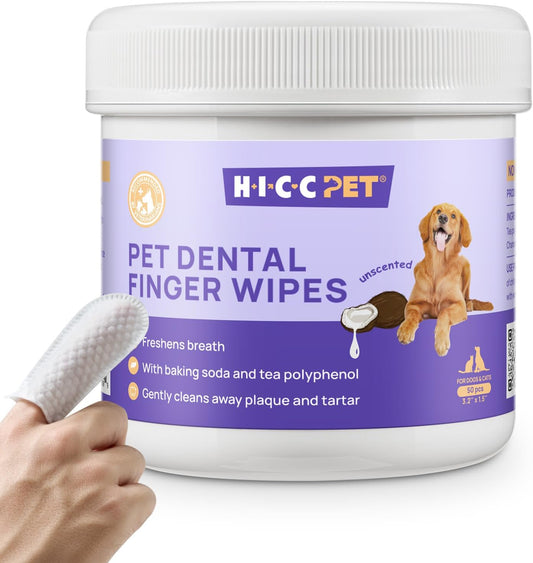 Teeth Cleaning Wipes for Dogs & Cats, Remove Bad Breath by Removing Plaque and Tartar Buildup, Disposable Dog Finger Toothbrush Gentle Pet Dental Care Wipes, 50 Counts, (Unscented)